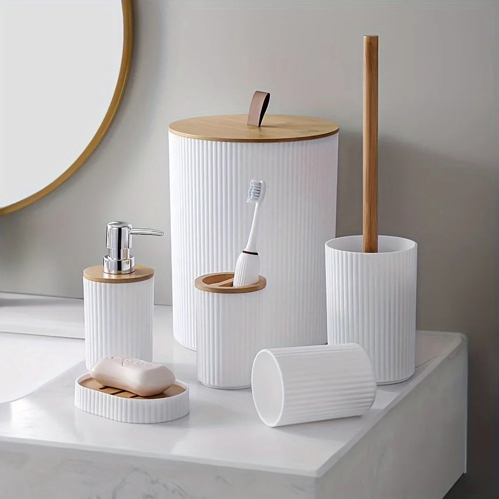 6 Piece Bathroom Set with Trash Can Toothbrush Holder Lotion Soap Dispenser Soap Dish Toilet Brush Bathroom Accessories Set