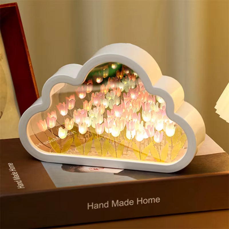 DIY Tulip Lamp Tulips Mirror Lamp Cloud Tulip Night Light Birthday Gift LED Flower Lamp Bedroom Decor