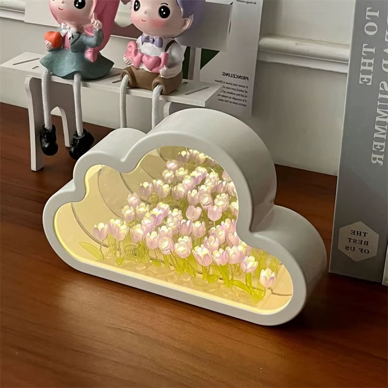 DIY Tulip Lamp Tulips Mirror Lamp Cloud Tulip Night Light Birthday Gift LED Flower Lamp Bedroom Decor